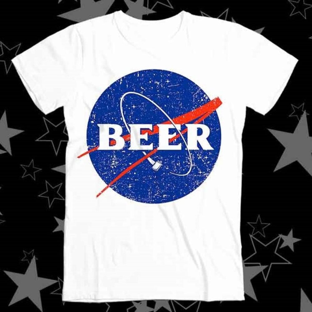 Beer Parody Space Logo T-Shirt – Funny Retro Astronaut Drinking Tee